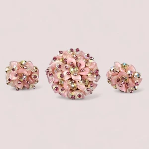 Vtg Alice Caviness Pink Faux Baby Tooth Pearl Rhinestone Brooch Earrings Signed - Picture 1 of 14