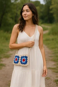 Bolso Bandolera Cuadrado Crochet Granny Colorido Hecho a Mano Boho Hippie Chic Forrado - Imagen 1 de 6