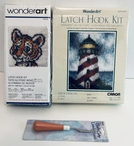 2 Latch Hook Rug Kits Caron Lighthouse Sailor's Beacon Wonderart Tiger Cub Hook - Picture 1 of 9
