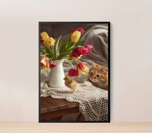 A Photo of a Small Chicken and a Red Cat Poster Premium Quality Choose your Size - Imagen 1 de 2