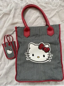 Hello Kitty Tote Bag Blue Red Striped Medium Red Handle Lined Girls - Picture 1 of 10