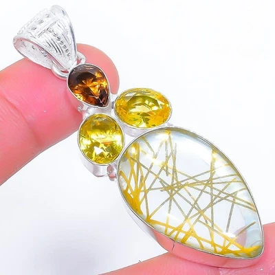 Dorato Rutilo Quarzo, Citrino Gemma 925 Argento Sterling Ciondolo Gioielli 6.3cm - Immagine 1 di 4