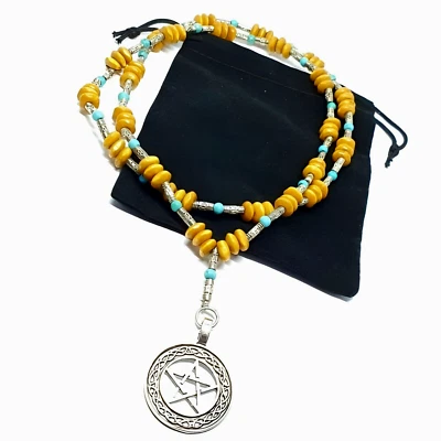 Hexe Rosenkranz Halskette Anhänger Handgemacht Pentagramm Türkis Holzperlen Mit - Bild 1 von 4