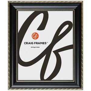 Victoria, 1.375" Ornate Black & Gold Picture Frame, Uncommon Sizes 4x9 - 17x33 - Picture 1 of 7