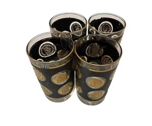 4 Libbey Schwarz Strukturiert Gold Münze Design Vintage MCM Becher Hohe Kugel Gläser - Bild 1 von 6