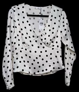 MANGO MNG Side Zip Satin White Polka Dot Peplum Long Sleeve Top US 6 EUR MEDIUM - Picture 1 of 14
