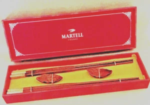 Wood & Metal Chopsticks w/ Leaf Rests 2 pair in Martell Cognac Wooden Gift Box - Picture 1 of 8