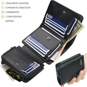 Mens RFID Blocking Leather Wallet Credit Card Holder Bifold Purse With Zip New - Picture 1 of 7