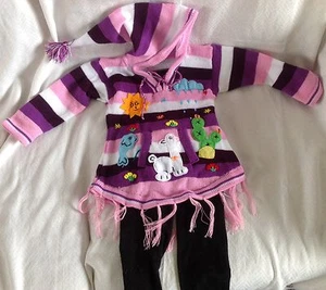 Hand knitted Alpaca Wool Children Sweater dress with fringes and 3D designs - Picture 1 of 4