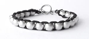 STAINLESS STEEL BEADED SHAMBALLA BRACELET WITH BLACK CORD, 8" - Picture 1 of 2