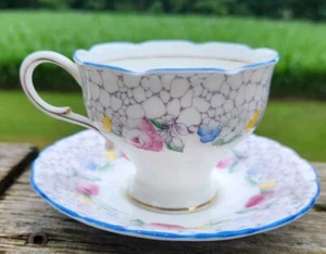 Paragon Teacup & Saucer English Rose Blue Trim Corset - Picture 1 of 6