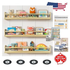 Natural Wood Nursery Floating Shelves - Versatile Kids Wall Bookshelves 3-Pack - Picture 1 of 9