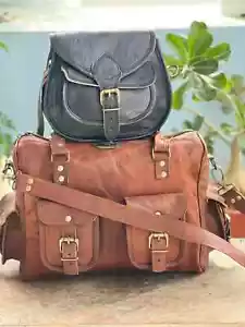 Leather Travel Duffel Shoulder Overnight Weekender Luggage Bag Free Black Purse - Picture 1 of 6