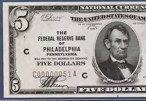 🇺🇸1929 $5 FRBN "PHILADELPHIA" W/LOW S.N.♚♚C00000051A♚♚ PCGS CH ABOUT NEW 58PPQ - Picture 1 of 3