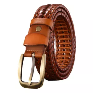 Unisex Braided Belt Men Pin Buckle Waistband Strap Women Woven Leather - Picture 1 of 12