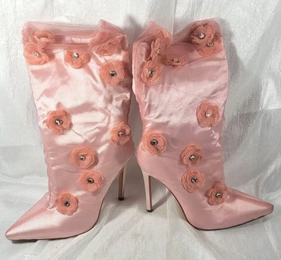 Botas para mujer Azalea Wang punta puntiaguda aguja florales estrás - rosa - talla 8 Foto 1 de 4