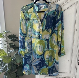 Parsley & Sage Shirt Women Large Green Blue Flower Artsy Boho Tunic Sheer Light - Picture 1 of 6