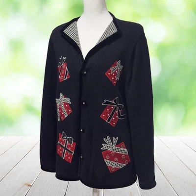 Suéter Vintage MANDAL BAY Navidad Mujer L Rojo Negro Regalos Bordados Foto 1 de 4