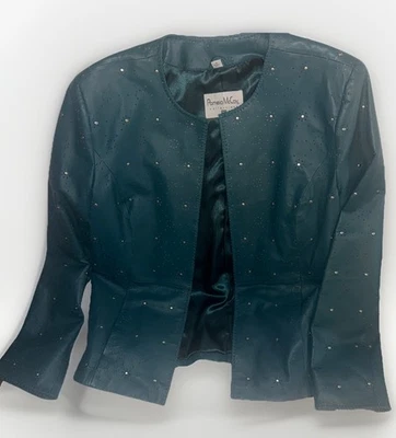 CHAQUETA DE CUERO VINTAGE PAMELA MCCOY VERDE AZULADO TACHONADO MANGA LARGA TALLA M - NUEVA CON ETIQUETAS Foto 1 de 4
