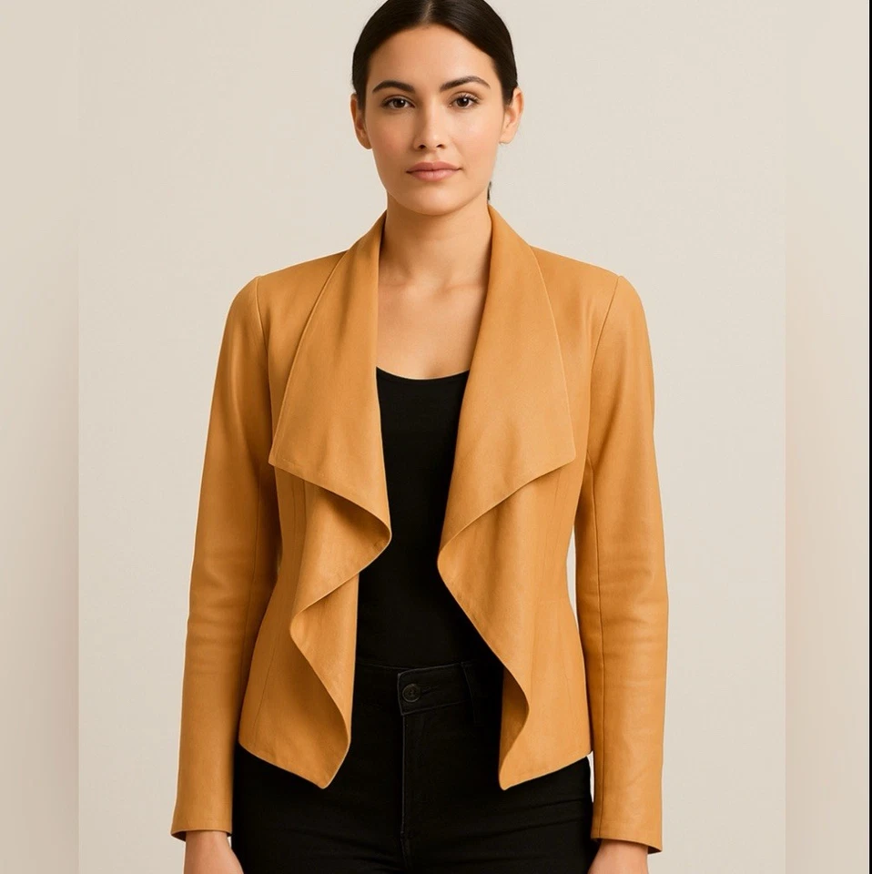 Chaqueta de Cuero Theory Tostada/Camel Cortina Frontal Mujer Talla L Estilo Cascada Abierta Foto 1 de 4
