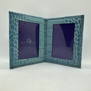 Saks Fifth Avenue Faltrahmen MINI hält zwei 2x3" Fotos Leder Krokodil blau - Bild 1 von 7