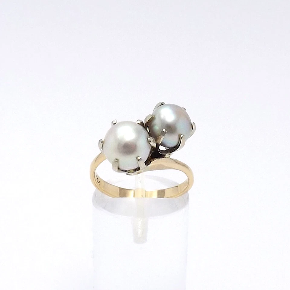 14k Two Tone Gold White and Silver Akoya Pearl Bypass Ring Toi Moi Vintage - Image 1 of 4