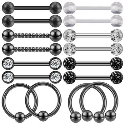 16Pcs 14G Stainless Steel Nipple Rings Barbells Tongue Piercing Nipple Piercings - Image 1 of 4