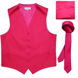 Nuevo Chaleco Esmoquin Liso para Hombre Chaleco Chaleco y Corbata Delgada 1,5" Set Rosa Caliente - Imagen 1 de 5
