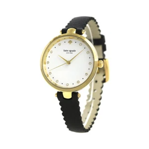 KATE SPADE HOLLAND WHITE DIAL SCALLOP BLACK LEATHER LADIES WATCH KCW1356 NEW - Picture 1 of 6