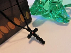 Black Beaded CROSS w/ 20" beaded chain ~Nice Deal of the Day! FREE SHIP! - Picture 1 of 6