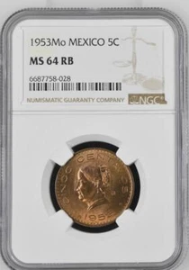 Mexico 5 Centavos 1953 Mo NGC MS 64 RB - Picture 1 of 2
