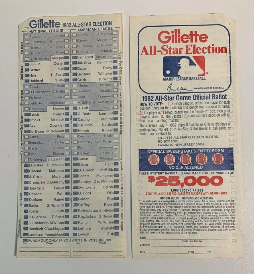 1982 MLB All Star Election Ballot Major League Baseball Game Unused Gillette - Image 1 of 1
