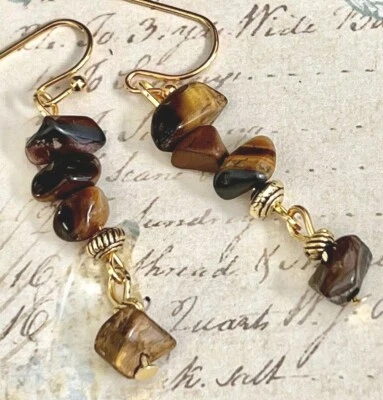 Gold & Tigers Eye Chip Dangle Earrings. - Image 1 of 3