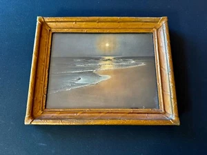 Antique Framed Moonlit Beach Hand Colored Photograph With Full Moon 8" x 10" - Picture 1 of 5