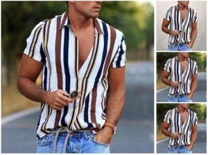 Camisa a rayas para hombre informal manga corta elegante a la moda - Imagen 1 de 12