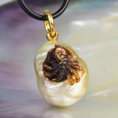 Octopus IN Süd See Perle Anhänger Geschnitzter Perlmutt Vermeil Sterling 7.44g - Bild 1 von 4