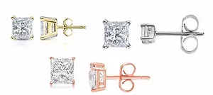 Solid Sterling Silver Basket Set CZ Stud Earrings PRINCESS SQUARE CUBIC ZERCONIA - Picture 1 of 13