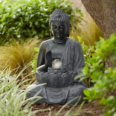 Sitting Buddha Outdoor Water Fountain with Light LED 28" High Faux Stone Decor - Image 1 of 4