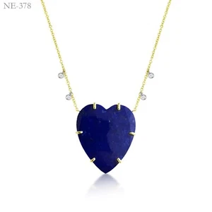 14k Gold Lapis Lazuli Heart Necklace With Diamond Charms Party Wear Jewelry Gift - Picture 1 of 3