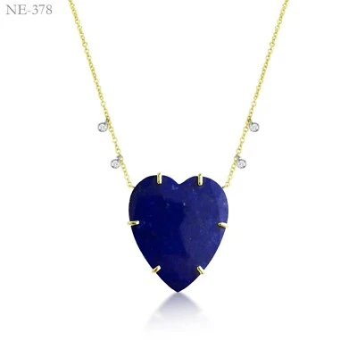 14k Gold Lapis Lazuli Heart Necklace With Diamond Charms Party Wear Jewelry Gift - Image 1 of 3