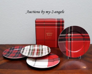 Pottery Barn Christmas ALPINE PLAID Salad Plates Mixed S/4 *Tartan Check Denver - Picture 1 of 1