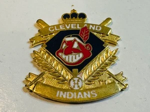 Vintage Cleveland Indians Enamel Brass Lapel Pin Chief Wahoo Laurel Wreath Crown - Picture 1 of 2