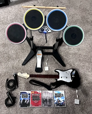 Wii/Wii U Rock Band Bundle - Guitar, Drum Kit, 2 Mics, 4 Games Tested & Works - Image 1 of 4