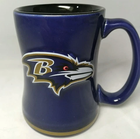 Baltimore Ravens 3D Raised Logo Coffee Cup Mug Relief Sculpted 14oz Purple Cover