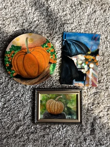 Original Acrylic Oil Painting Rain Pumpkin Autumn Framed Fall Wall Decor Art LOT - Picture 1 of 6