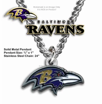 Baltimore Ravens NFL Necklace 24" Stainless Steel Chain ¾" x 1" Metal Logo - Image 1 of 4