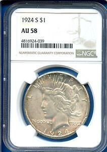 1924 S NGC AU58 Peace Silver Dollar $1 US Mint Rare Date Coin 1924-S AU-58 