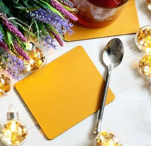Set of 6 Elementary Mustard Bonded Leather Coasters - Made in the UK - Picture 1 of 1