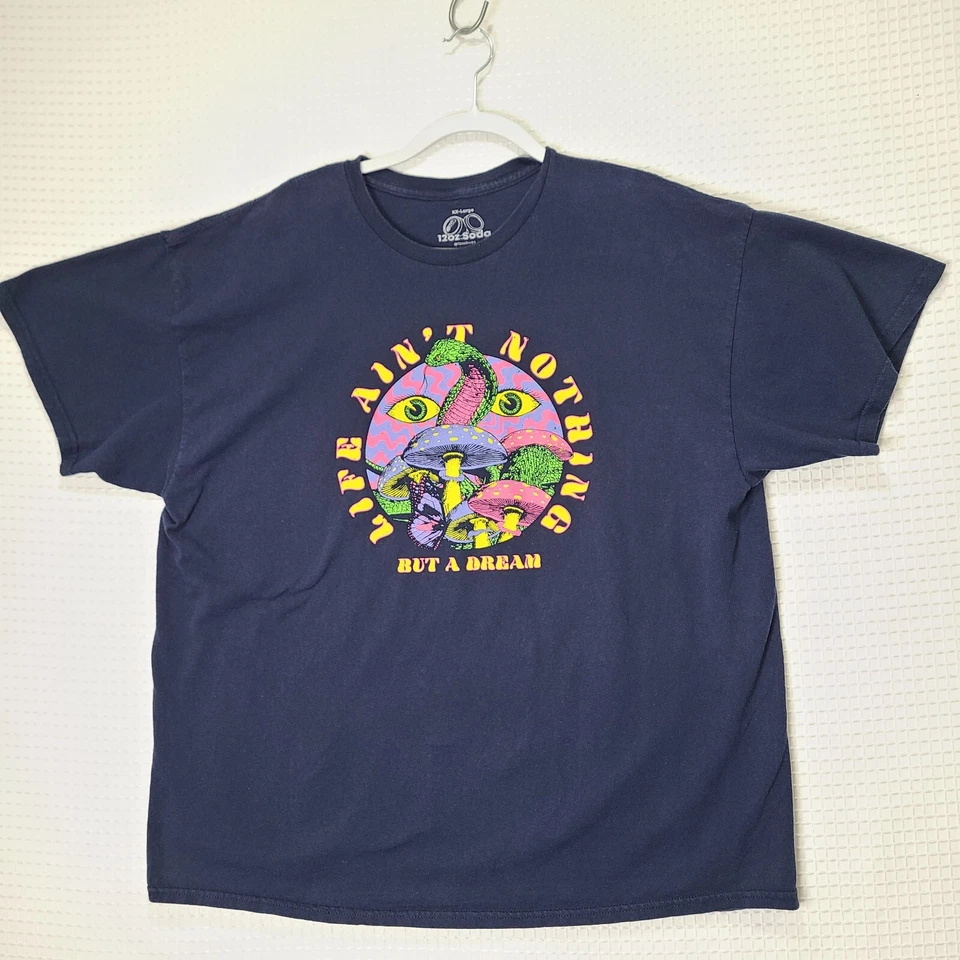 12oz Soda Mens 2xl Navy Blue Cotton T-Shirt Trippy Mushroom Snake Dream Life - Image 1 of 4