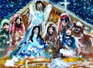 ACEO Original Christmas MANGER Painting Nativity Religious Mary Jesus Animal ART - Picture 1 of 1